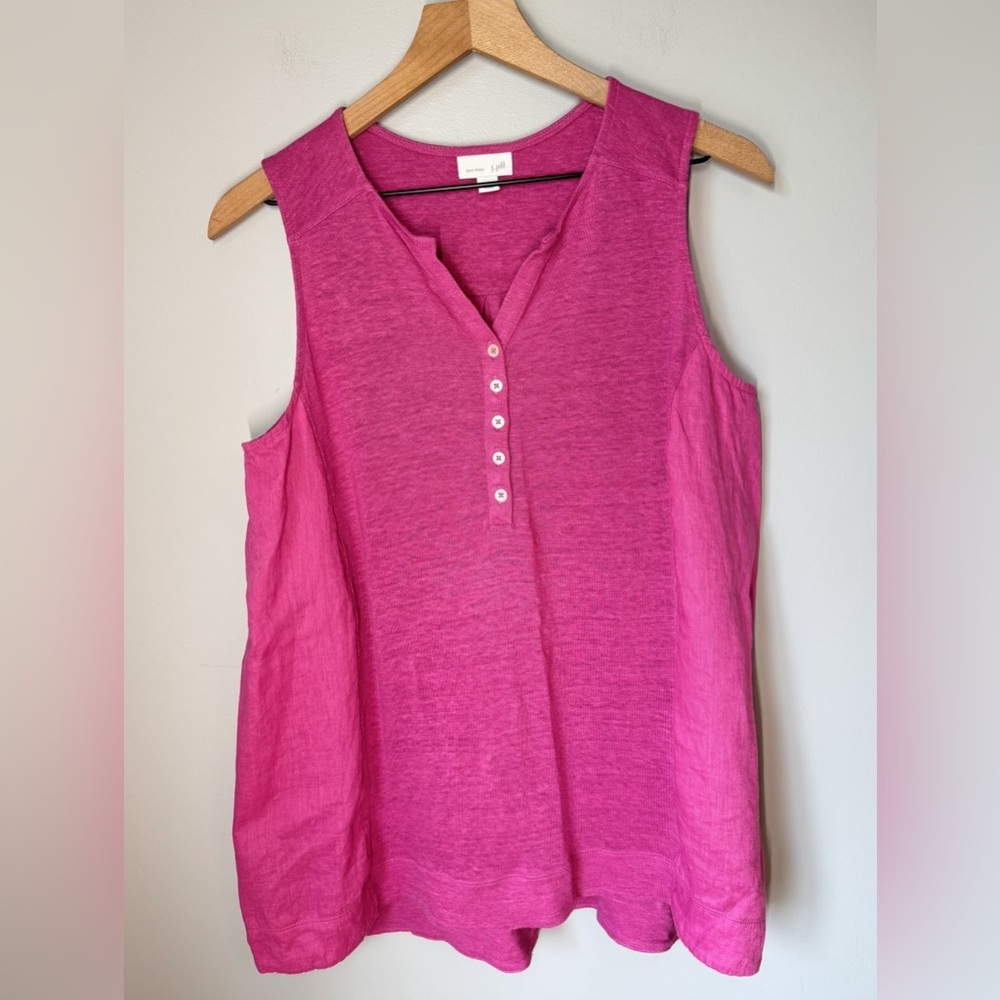 J. Jill Love Linen Sleeveless Deep Heather Pink Henley Swing Tank Sz MP